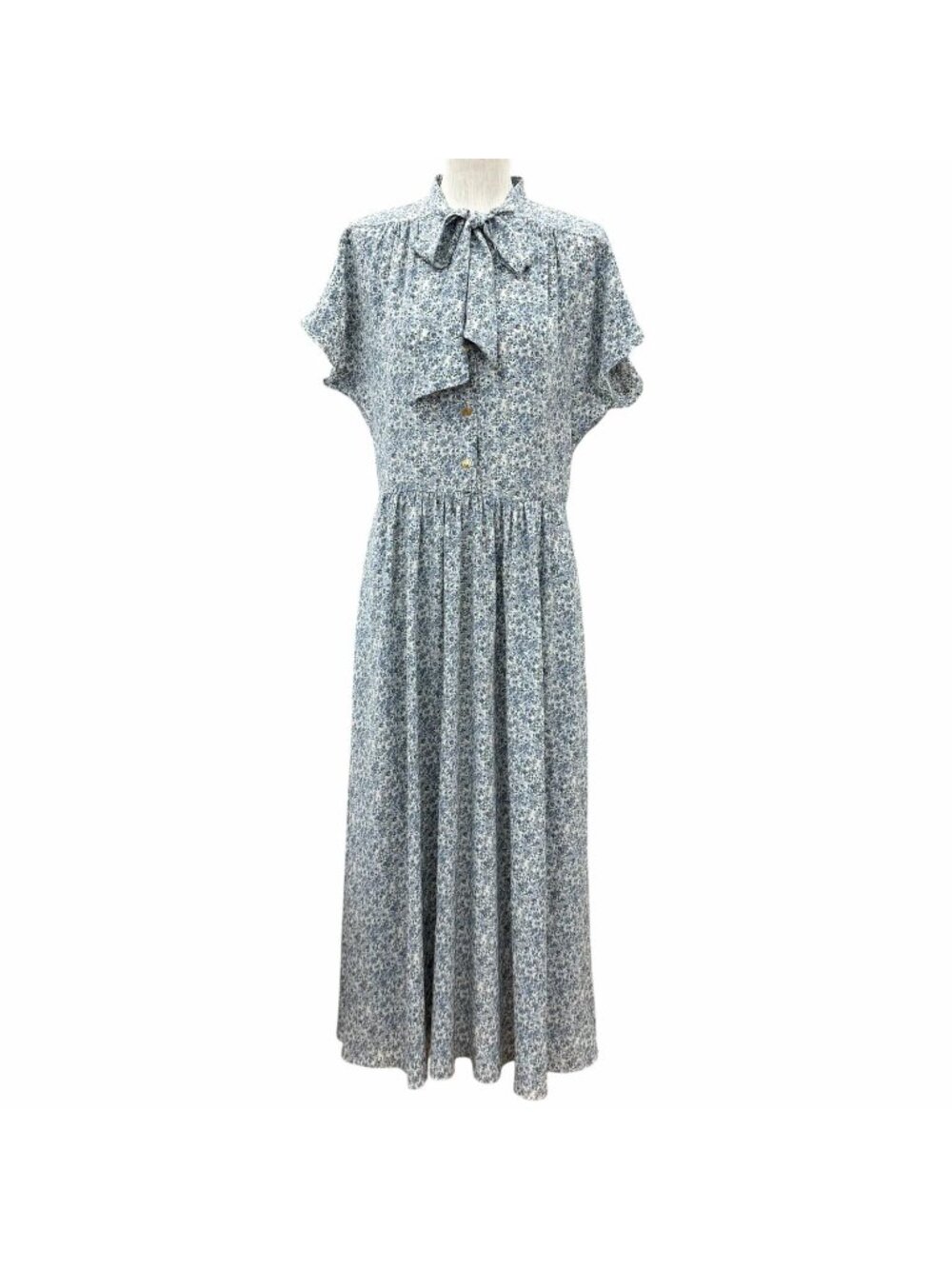Celine Silk 100% Triomphe Button Bow Tie Floral Dress Light Blue FR 38